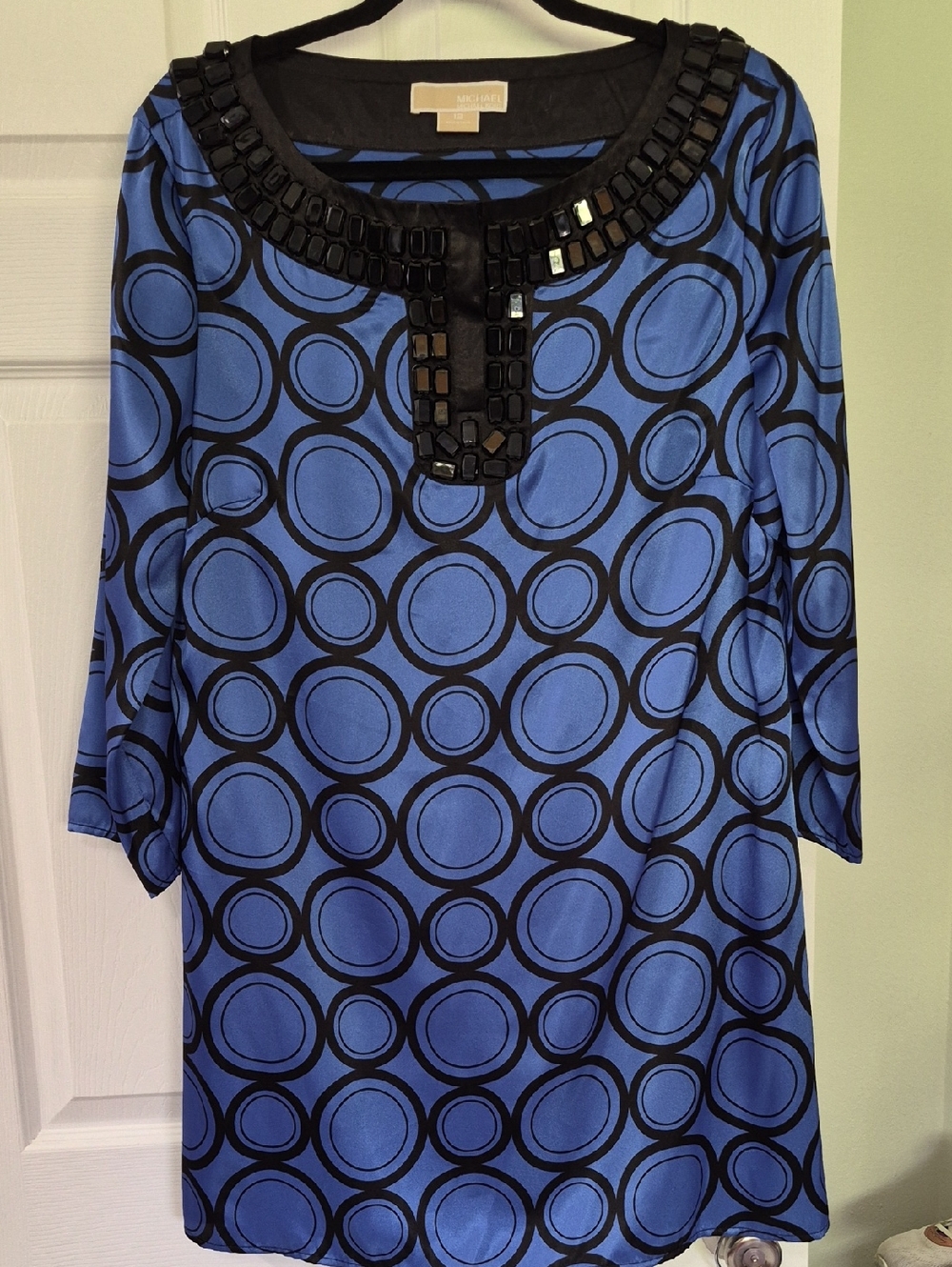 NWOT Michael Kors Black-Beaded Blue Circle-Print Tunic/Mini Dress Size 12